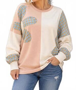 NEW HAPTICS color block oversized pullover top - curvy in pastel and cream flora
